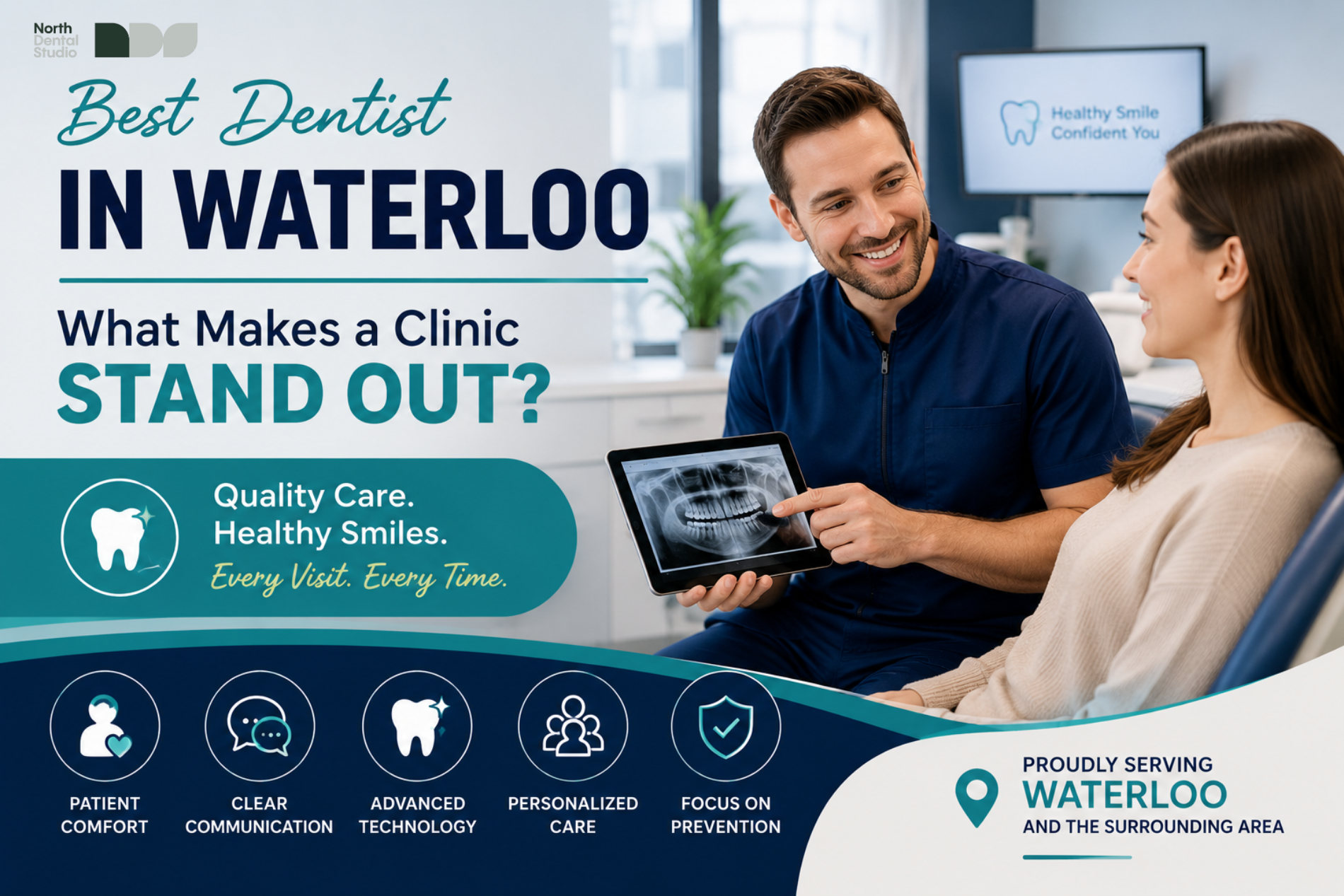 Best dentist Waterloo consultation showing friendly dentist discussing dental care with patient in a modern dental clinic