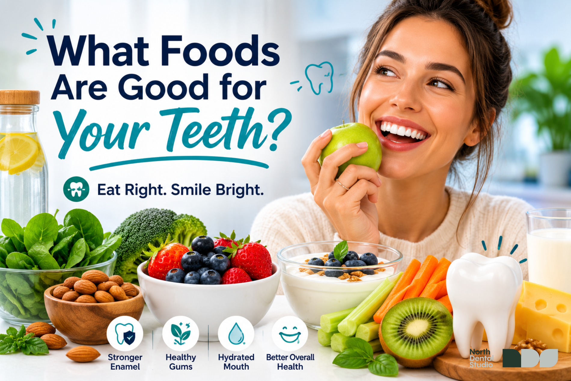 Healthy foods for healthy teeth including fruits, vegetables, dairy products, and nuts that help strengthen enamel and support a bright smile